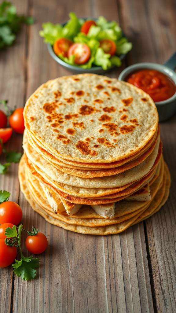 Freshly made quinoa tortillas on a wooden table with colorful fillings and salsa.